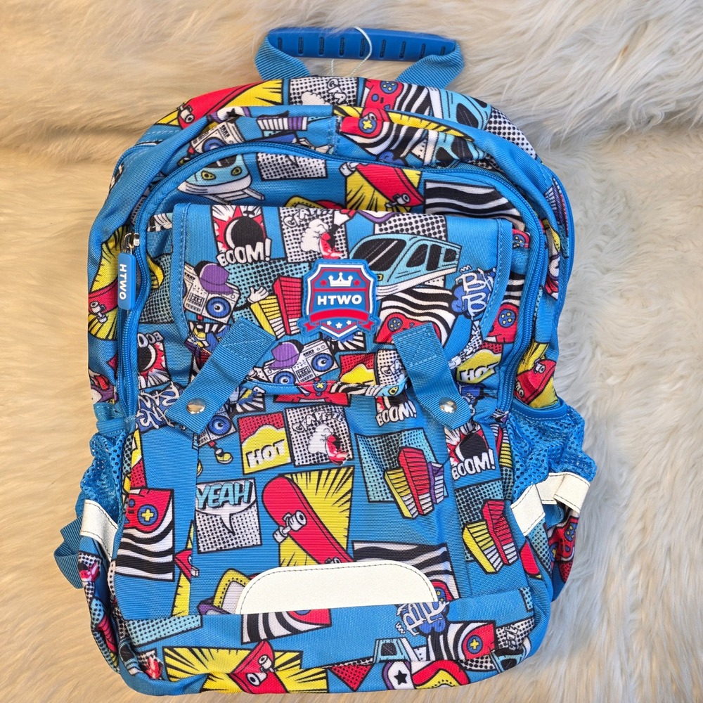 HTWO Kids Backpack Blue Comic Pop Art School Bookbag NWT Multi Pocket